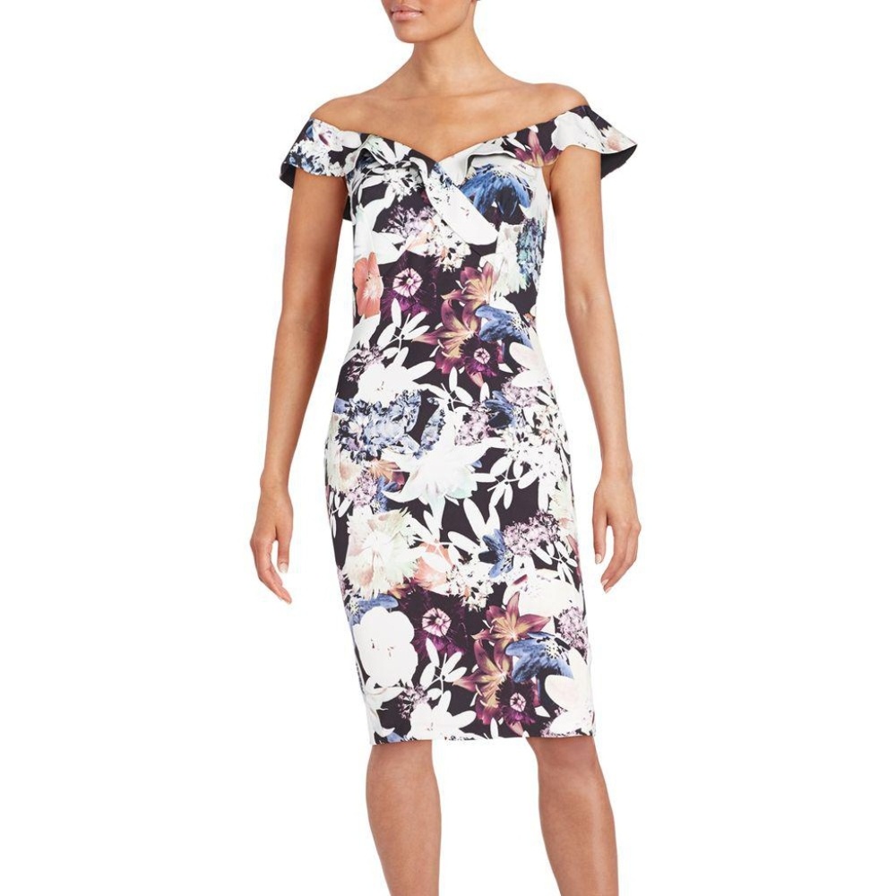 *EUC* Saks Fifth Ave Off-Shoulder Scuba Dress - Floral Print - Size 10